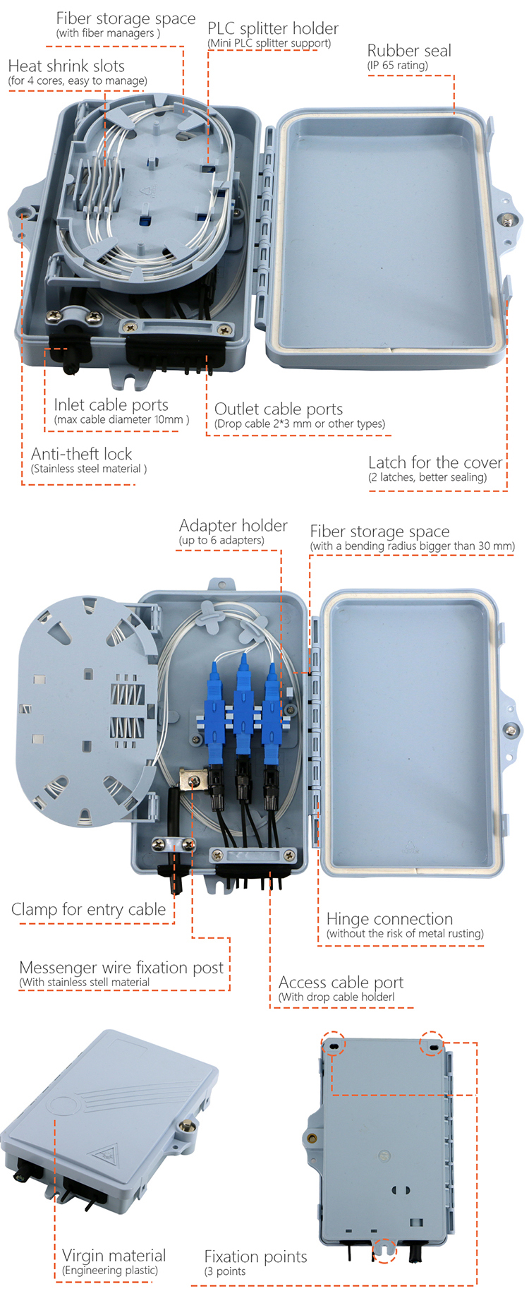 Efficient IP66 Waterproof FTTH 6 port Fiber optic Termination Box