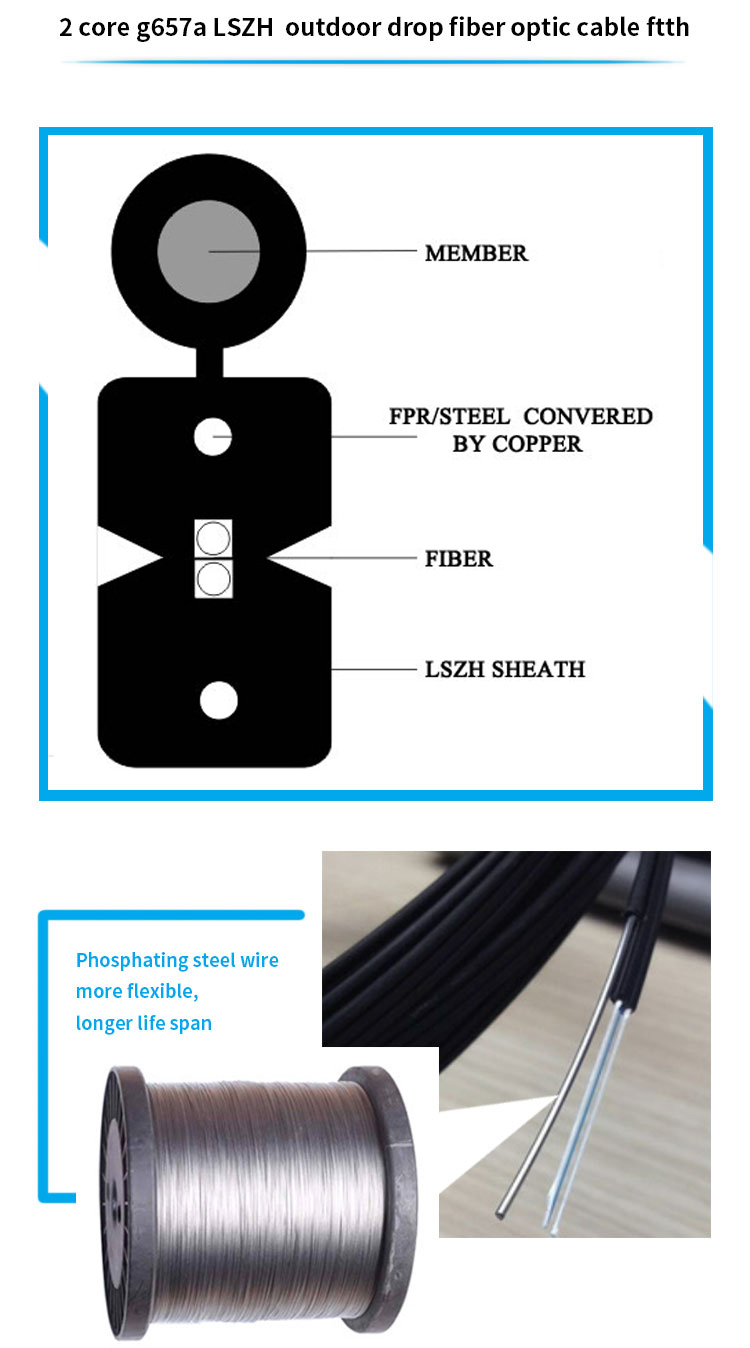 2 Core G657A LSZH Single mode Outdoor Fiber Optic FTTH Drop Cable